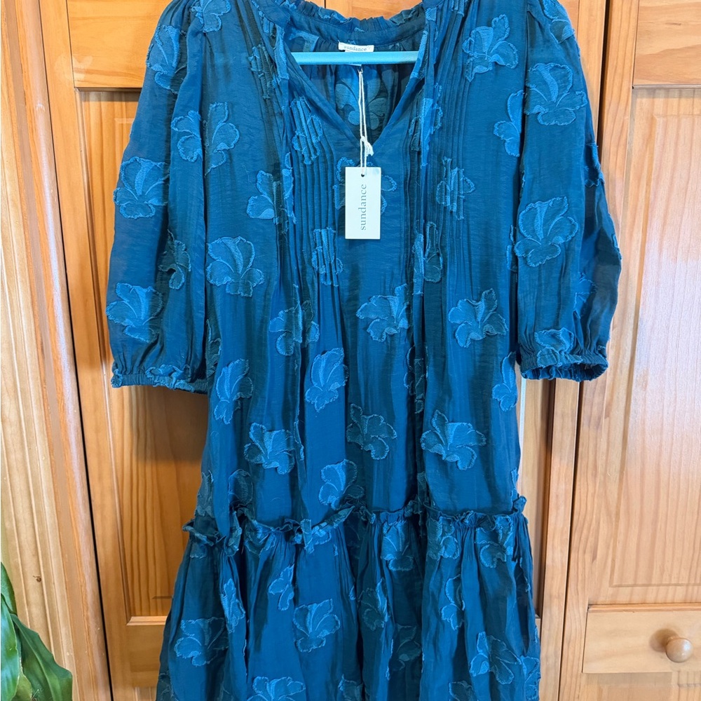 Blue Floral Textured Midi Dress with Puff Sleeves